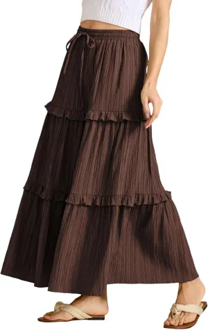 Long Skirts for Women Summer Beach Ruffled Tiered Flowy Boho Skirt Drawstring High Waist Casual Maxi Dress Skorts