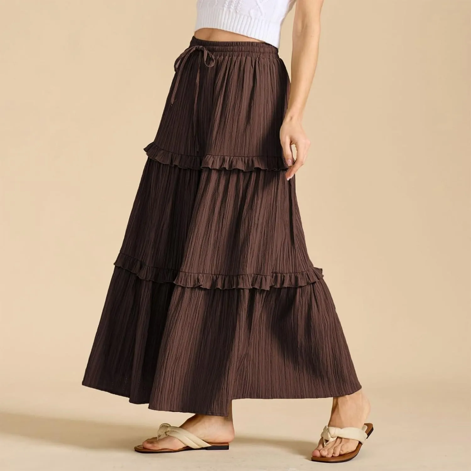 Long Skirts for Women Summer Beach Ruffled Tiered Flowy Boho Skirt Drawstring High Waist Casual Maxi Dress Skorts