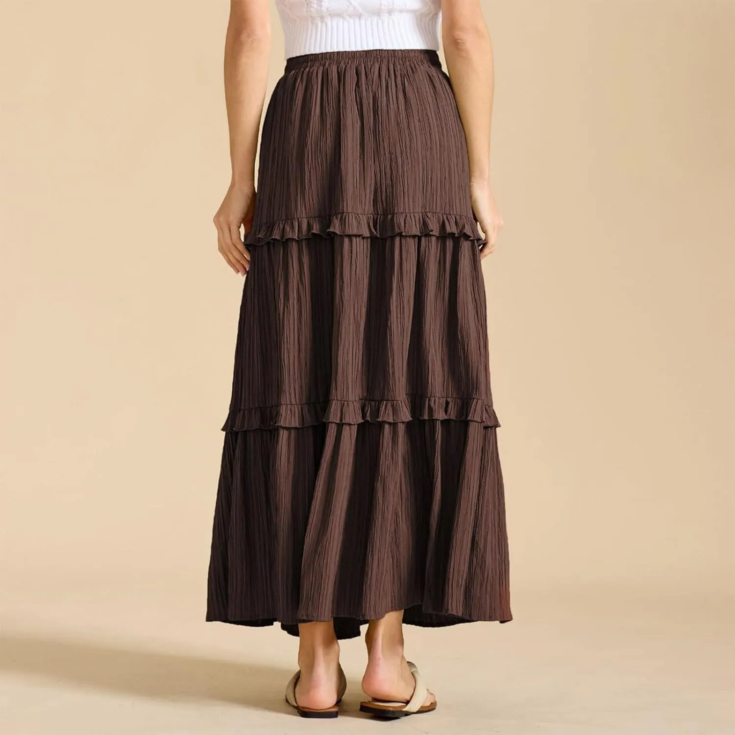 Long Skirts for Women Summer Beach Ruffled Tiered Flowy Boho Skirt Drawstring High Waist Casual Maxi Dress Skorts
