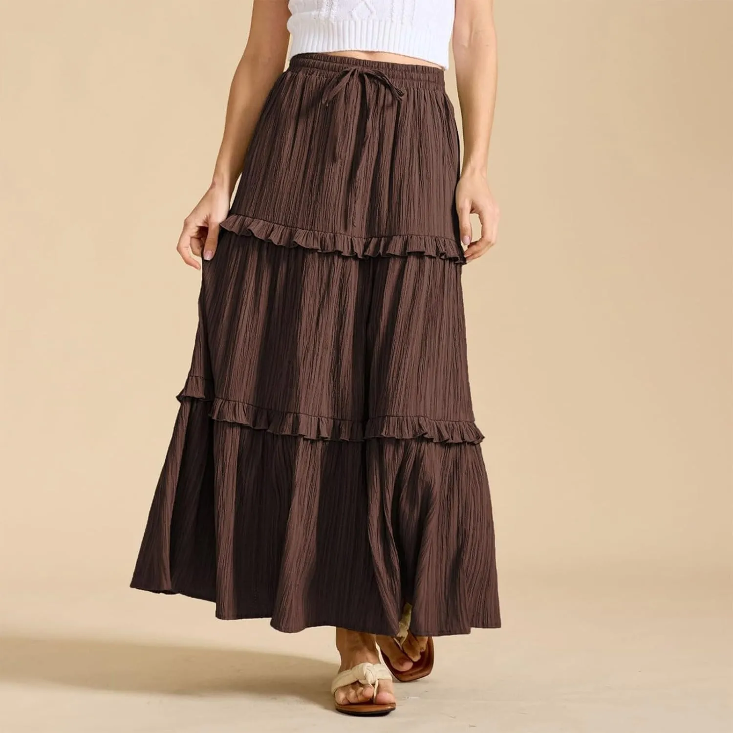 Long Skirts for Women Summer Beach Ruffled Tiered Flowy Boho Skirt Drawstring High Waist Casual Maxi Dress Skorts