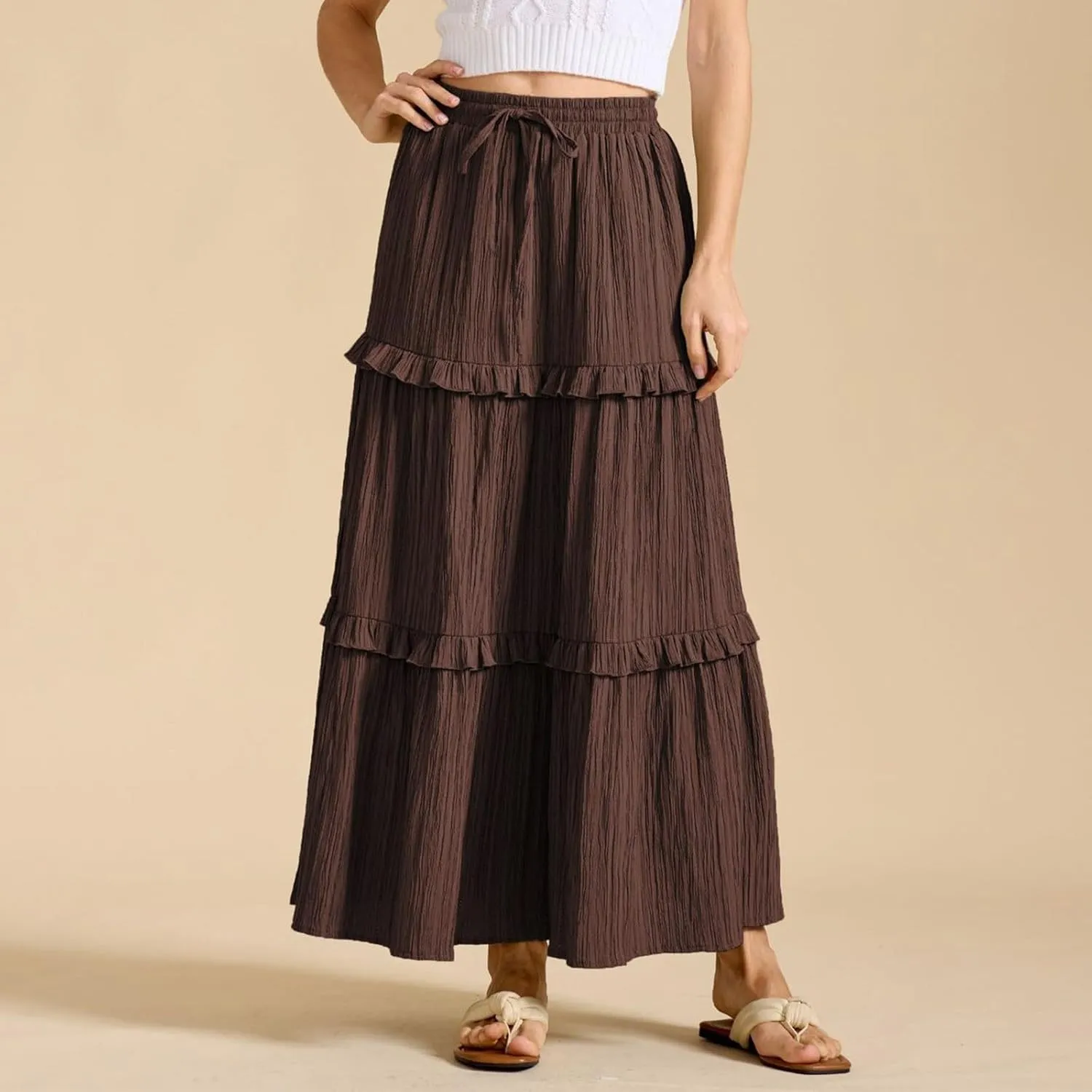 Long Skirts for Women Summer Beach Ruffled Tiered Flowy Boho Skirt Drawstring High Waist Casual Maxi Dress Skorts