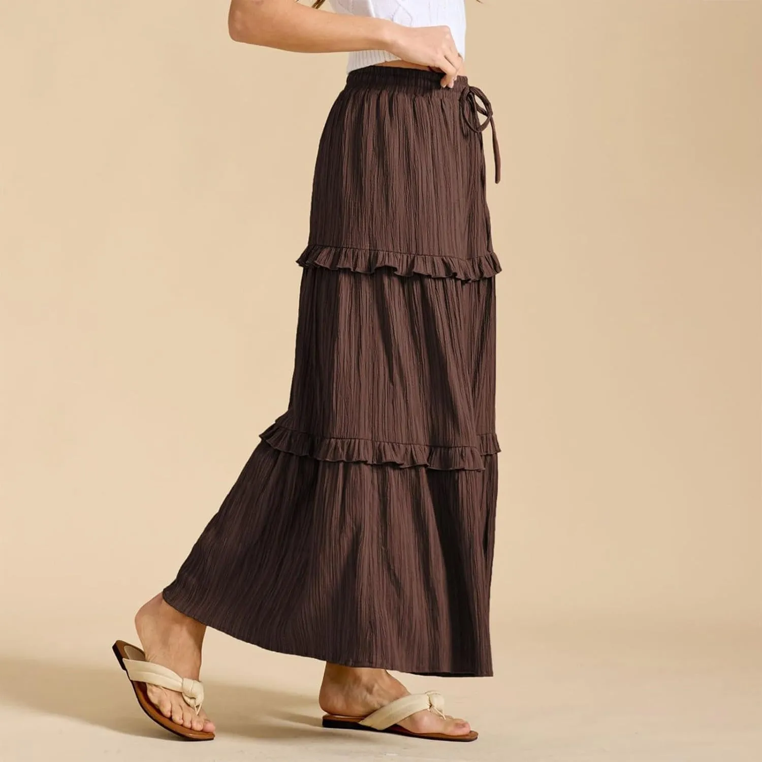 Long Skirts for Women Summer Beach Ruffled Tiered Flowy Boho Skirt Drawstring High Waist Casual Maxi Dress Skorts