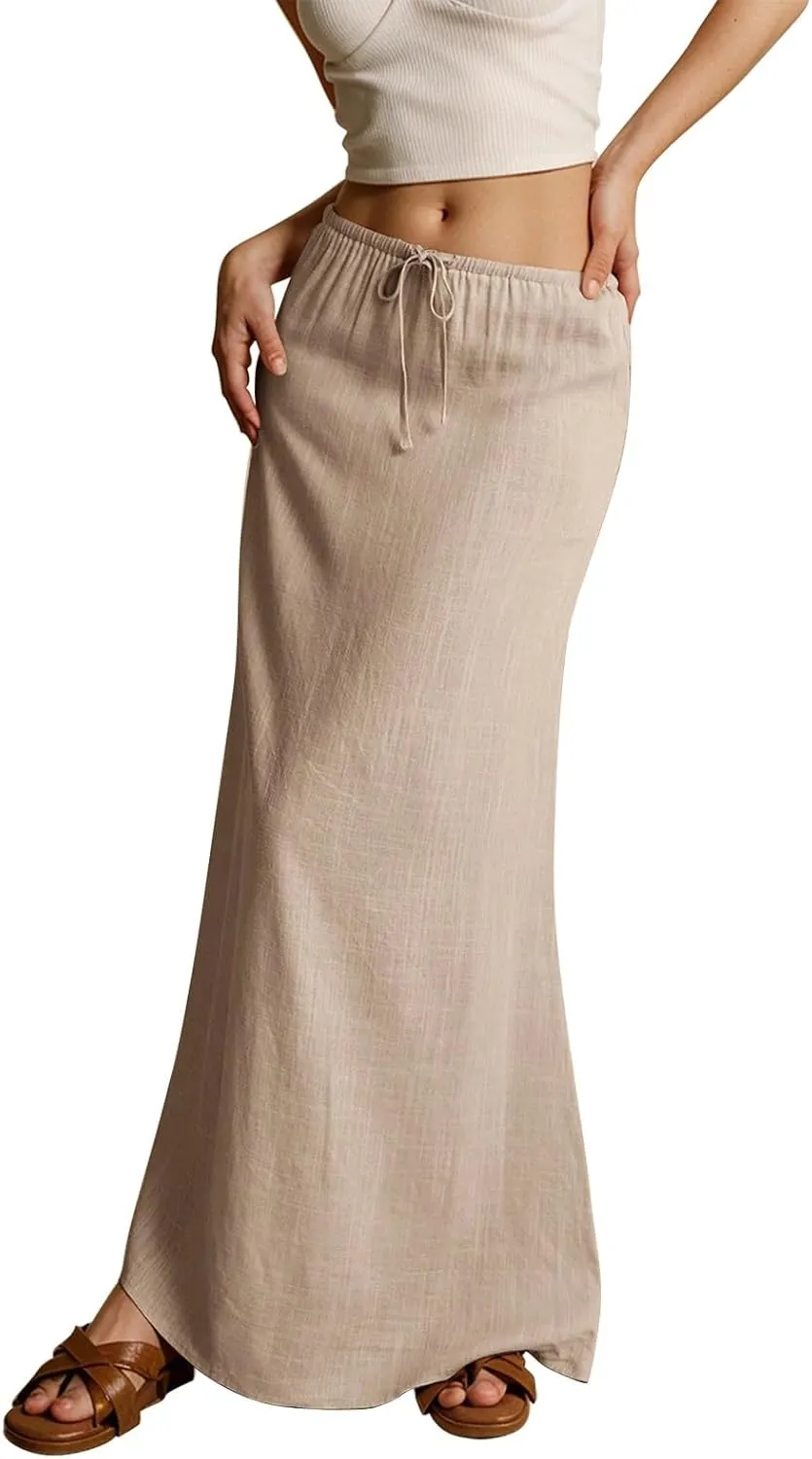 Long Skirts for Women Summer Womens Linen Maxi Skirt with Slit Plus Size Flowy Skirts Comfy Drawstring Low Rise