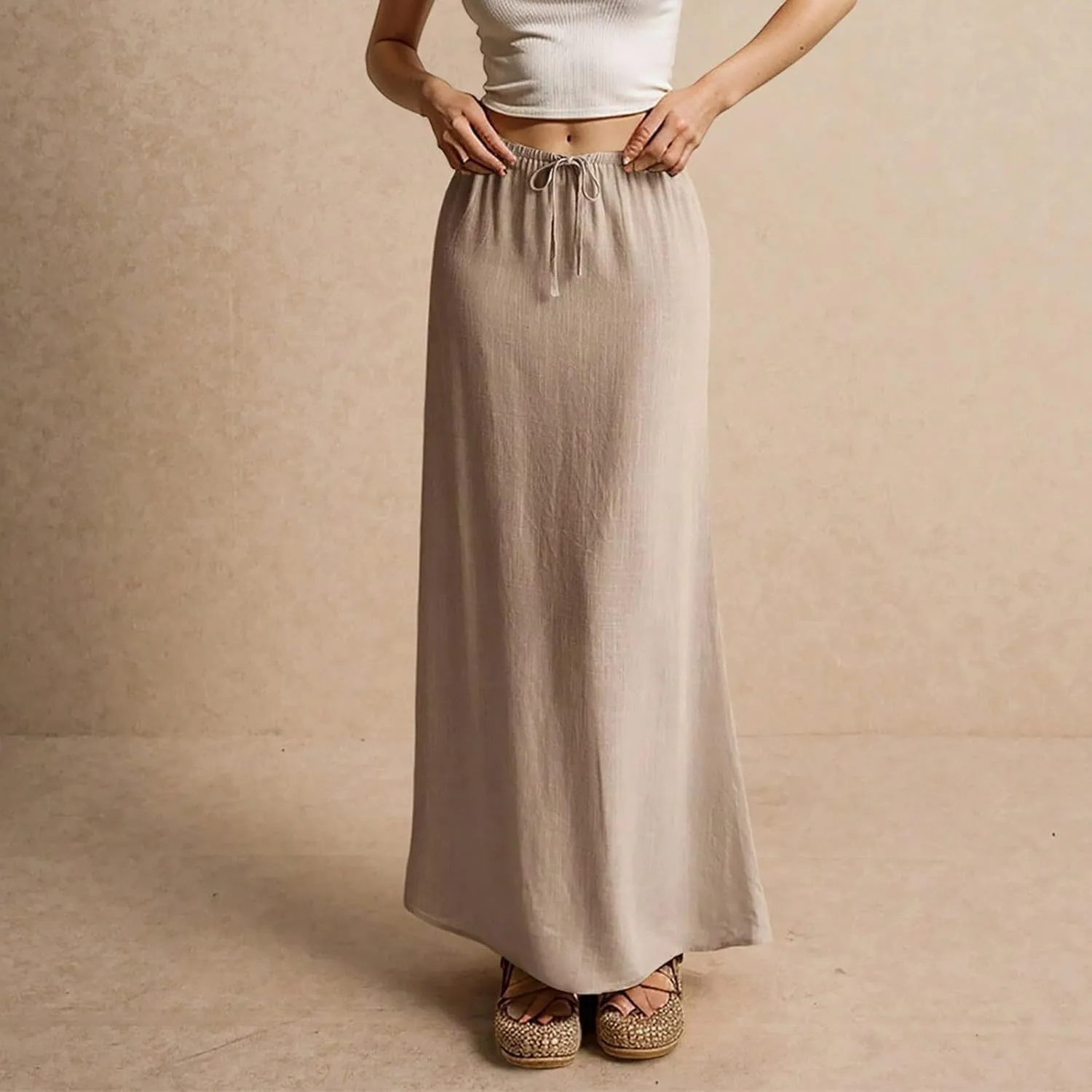 Long Skirts for Women Summer Womens Linen Maxi Skirt with Slit Plus Size Flowy Skirts Comfy Drawstring Low Rise