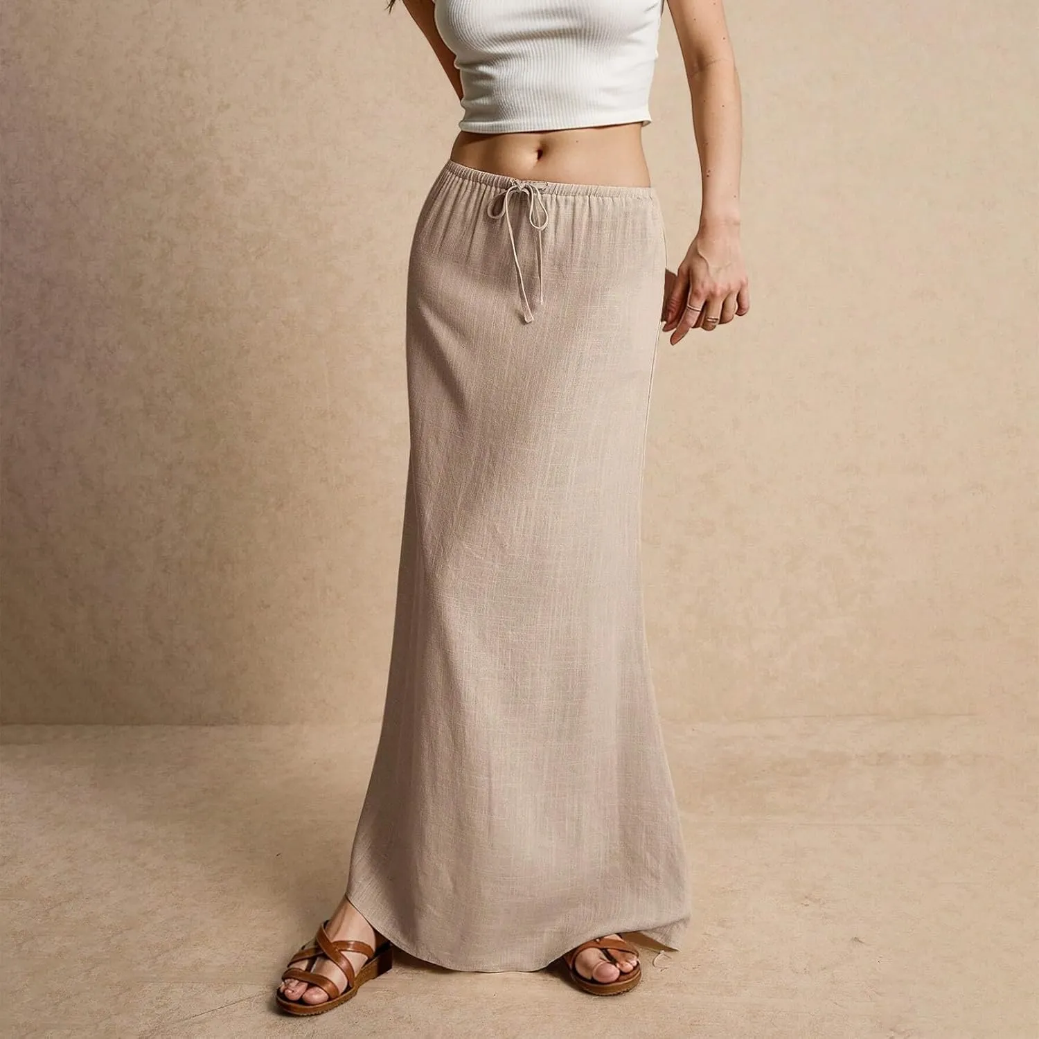 Long Skirts for Women Summer Womens Linen Maxi Skirt with Slit Plus Size Flowy Skirts Comfy Drawstring Low Rise