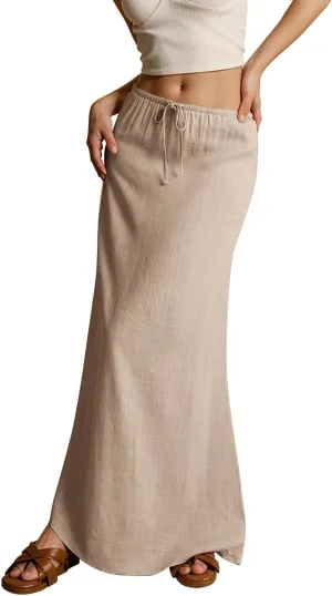 Long Skirts for Women Summer Womens Linen Maxi Skirt with Slit Plus Size Flowy Skirts Comfy Drawstring Low Rise