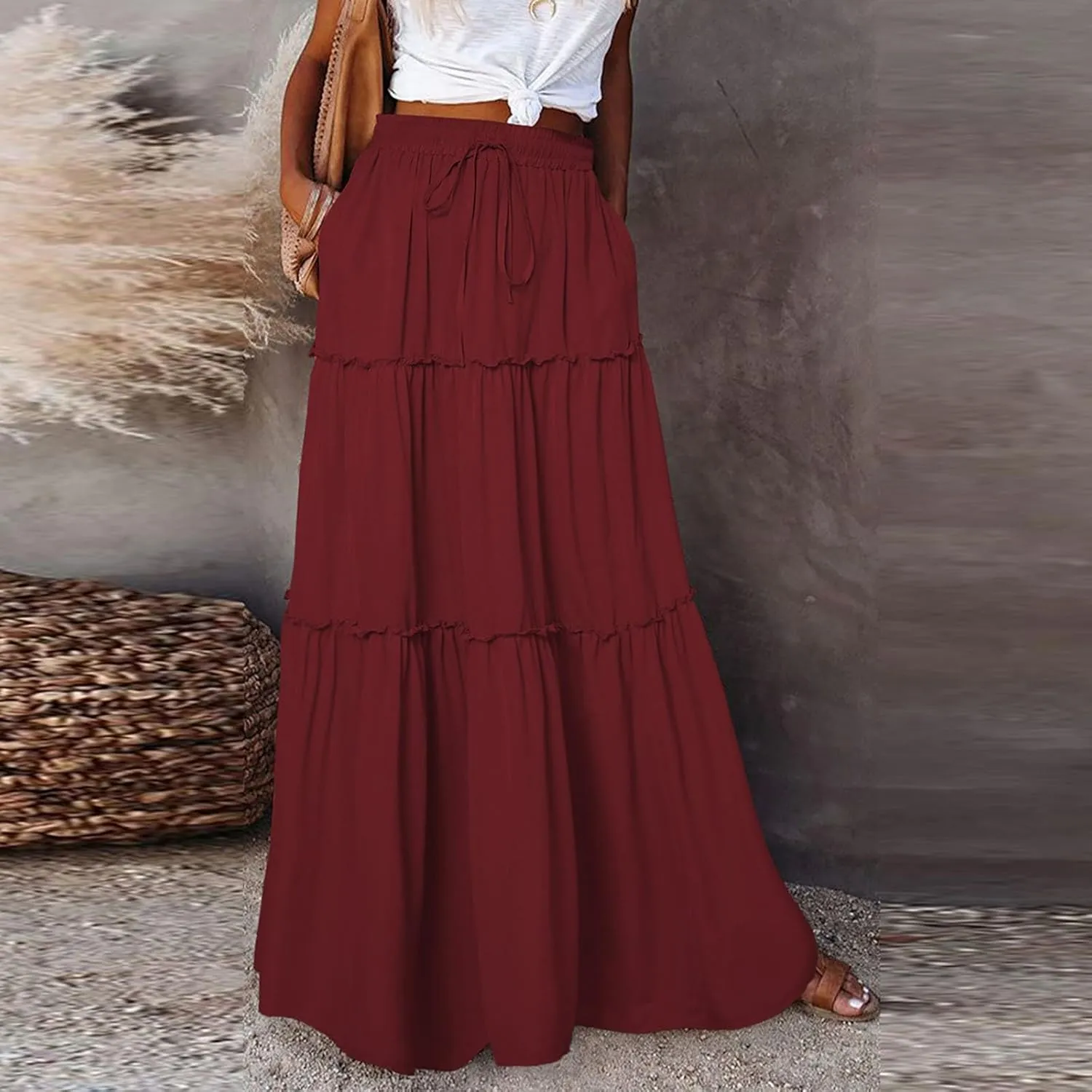 Long Skirts for Women,Elastic High Waisted Drawstring Flowy Maxi Skirts Trendy 2025 Summer Vacation Bohemian