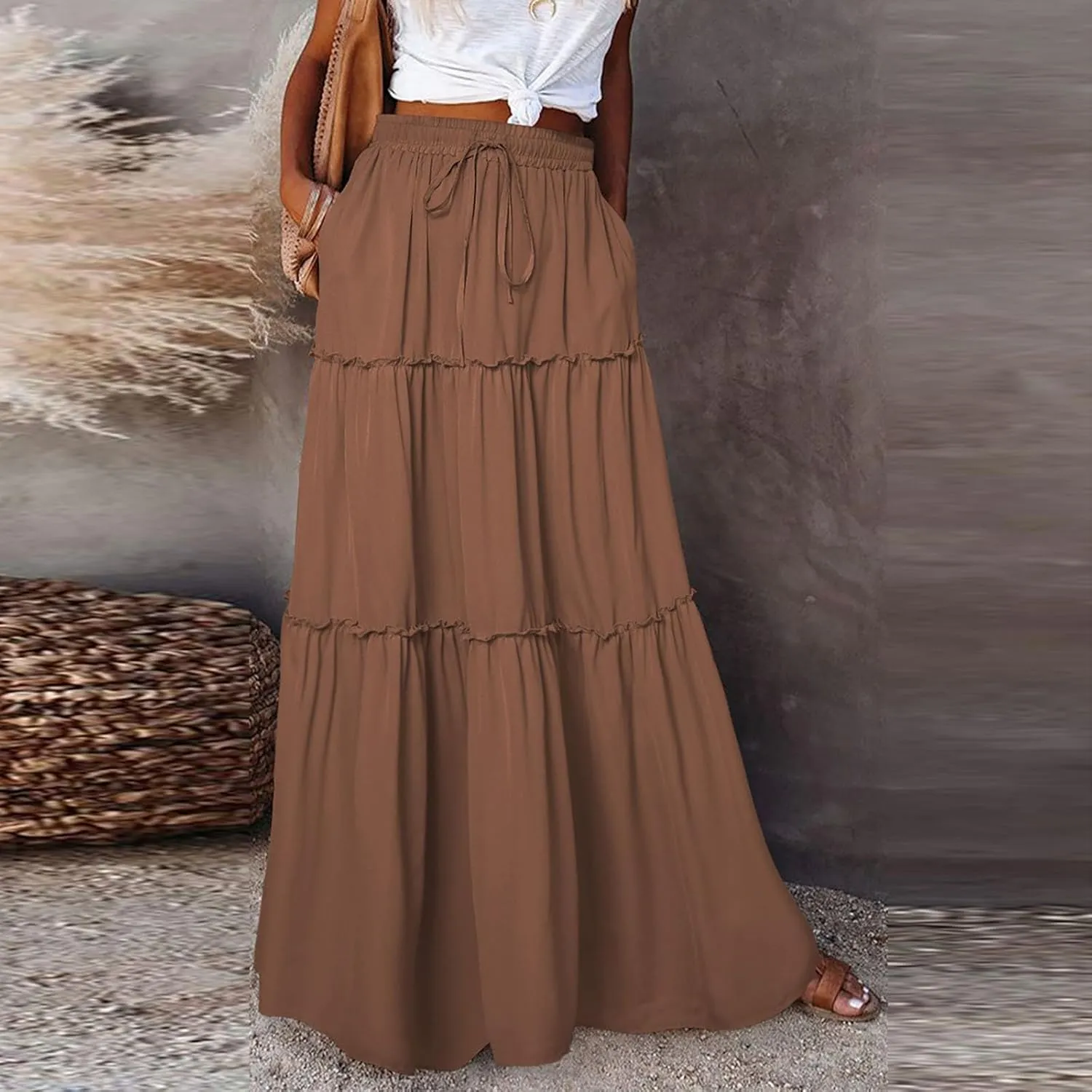 Long Skirts for Women,Elastic High Waisted Drawstring Flowy Maxi Skirts Trendy 2025 Summer Vacation Bohemian