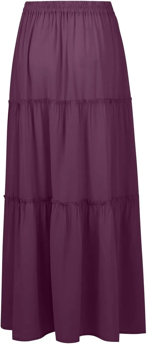 Long Skirts for Women,Elastic High Waisted Drawstring Flowy Maxi Skirts Trendy 2025 Summer Vacation Bohemian