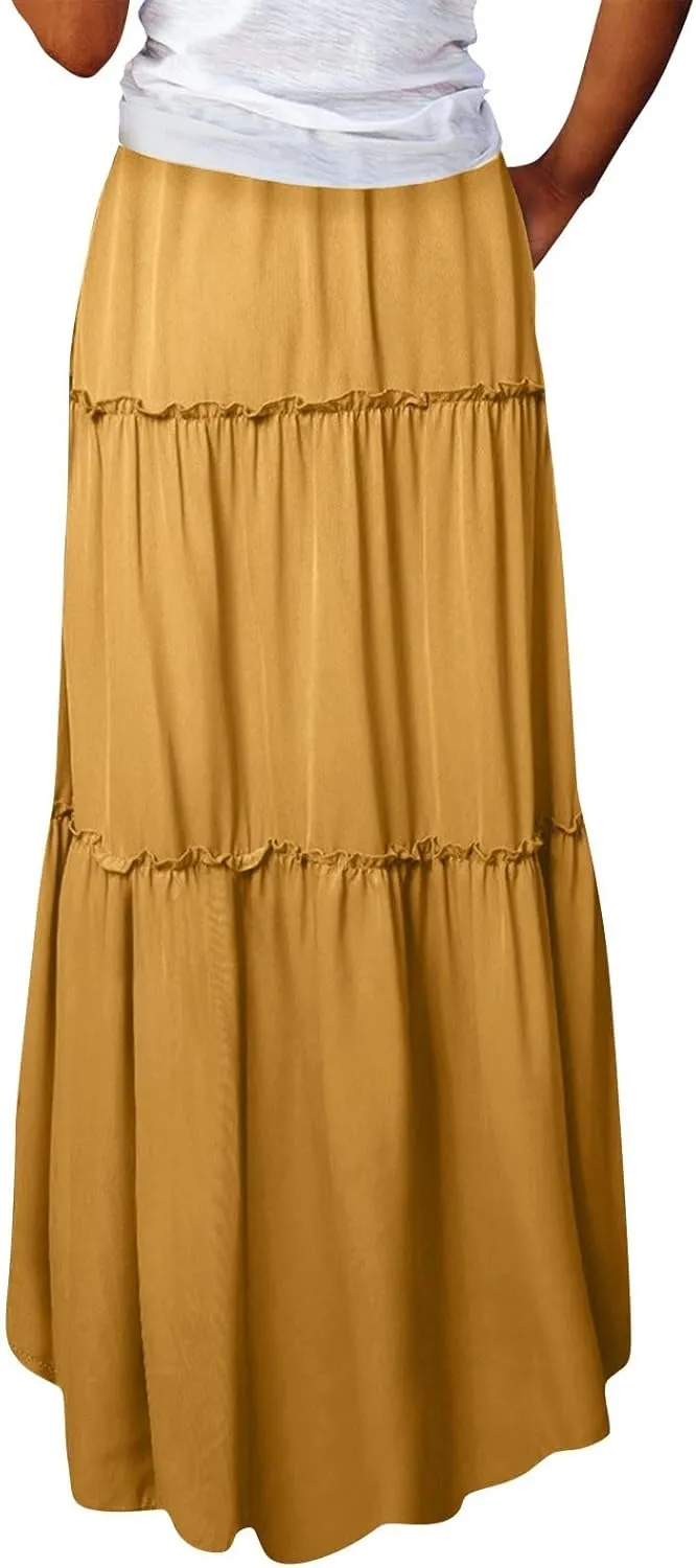 Long Skirts for Women,Elastic High Waisted Drawstring Flowy Maxi Skirts Trendy 2025 Summer Vacation Bohemian