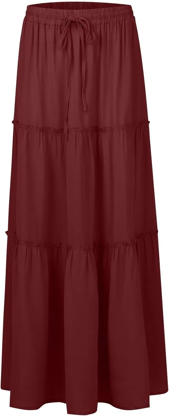 Long Skirts for Women,Elastic High Waisted Drawstring Flowy Maxi Skirts Trendy 2025 Summer Vacation Bohemian
