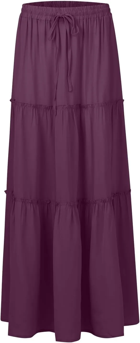 Long Skirts for Women,Elastic High Waisted Drawstring Flowy Maxi Skirts Trendy 2025 Summer Vacation Bohemian