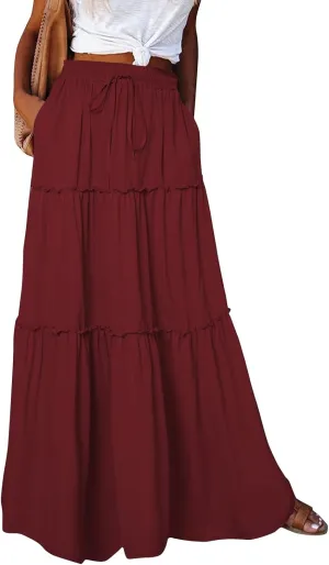 Long Skirts for Women,Elastic High Waisted Drawstring Flowy Maxi Skirts Trendy 2025 Summer Vacation Bohemian