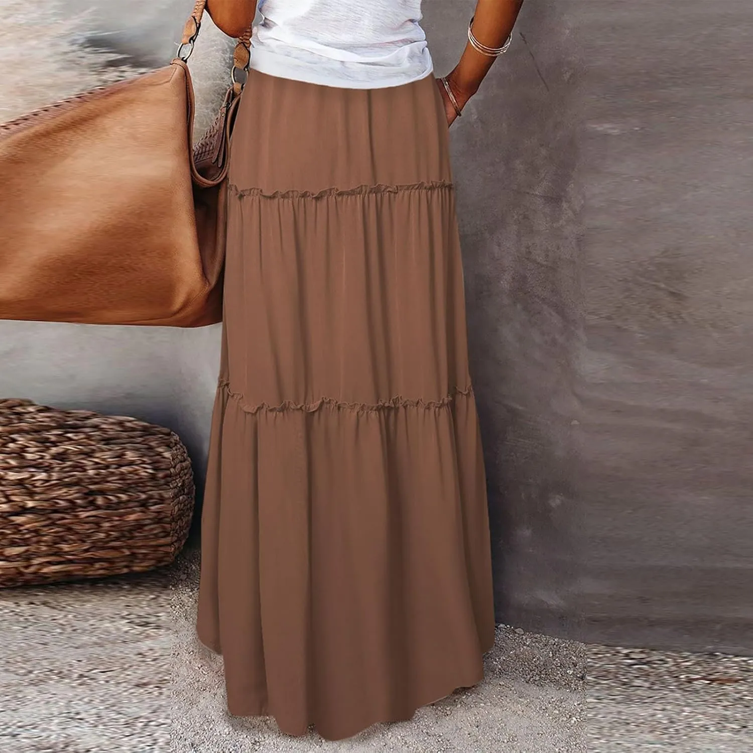 Long Skirts for Women,Elastic High Waisted Drawstring Flowy Maxi Skirts Trendy 2025 Summer Vacation Bohemian