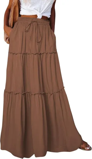 Long Skirts for Women,Elastic High Waisted Drawstring Flowy Maxi Skirts Trendy 2025 Summer Vacation Bohemian