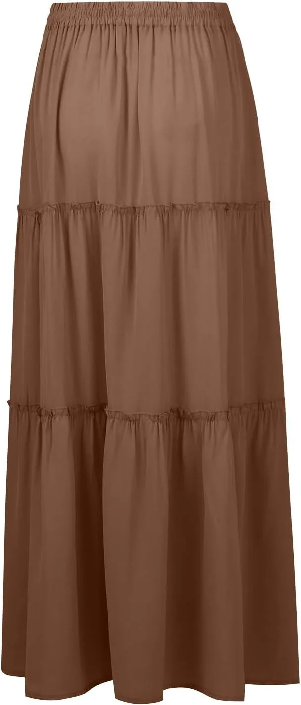 Long Skirts for Women,Elastic High Waisted Drawstring Flowy Maxi Skirts Trendy 2025 Summer Vacation Bohemian