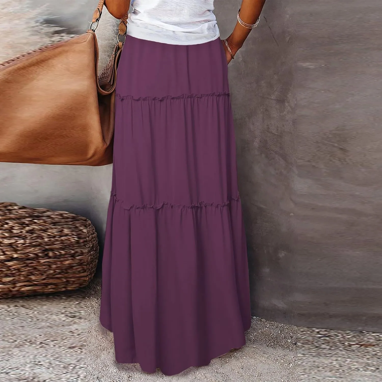 Long Skirts for Women,Elastic High Waisted Drawstring Flowy Maxi Skirts Trendy 2025 Summer Vacation Bohemian