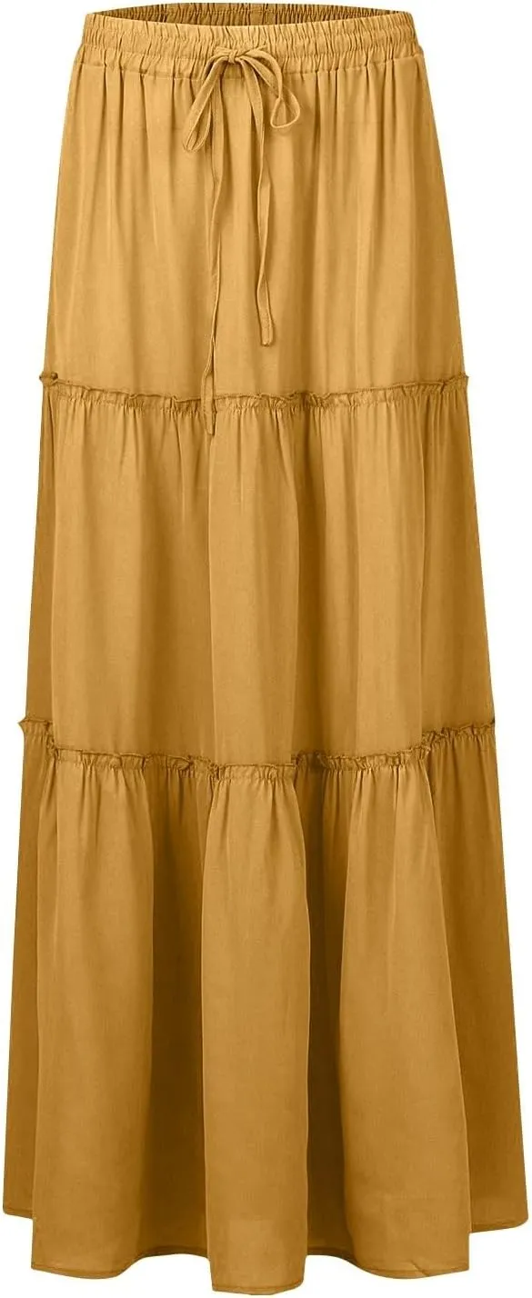 Long Skirts for Women,Elastic High Waisted Drawstring Flowy Maxi Skirts Trendy 2025 Summer Vacation Bohemian