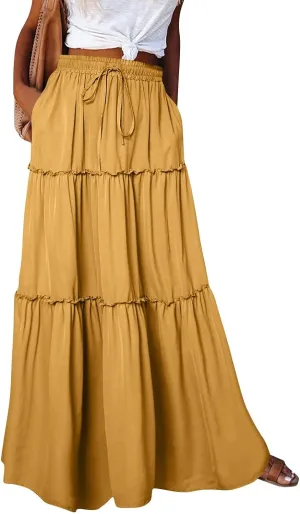 Long Skirts for Women,Elastic High Waisted Drawstring Flowy Maxi Skirts Trendy 2025 Summer Vacation Bohemian