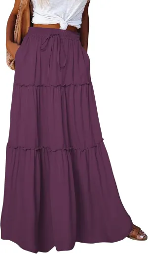 Long Skirts for Women,Elastic High Waisted Drawstring Flowy Maxi Skirts Trendy 2025 Summer Vacation Bohemian