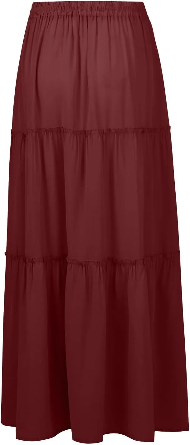 Long Skirts for Women,Elastic High Waisted Drawstring Flowy Maxi Skirts Trendy 2025 Summer Vacation Bohemian