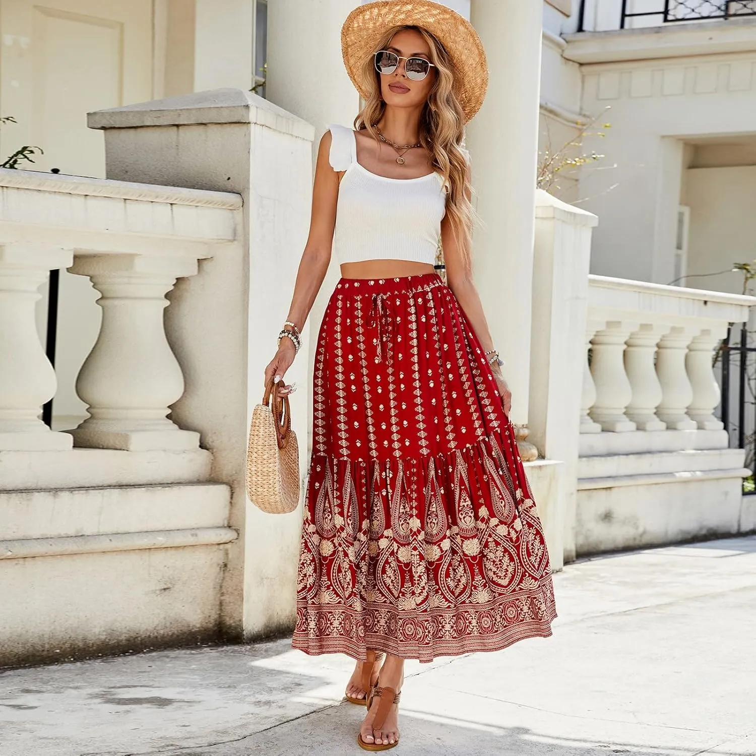 Long Skirts,Beach Vacation Flowy Maxi Skirts for Women 2025 Trendy Tropical Elastic Waist Boho Skirt Spring Summer