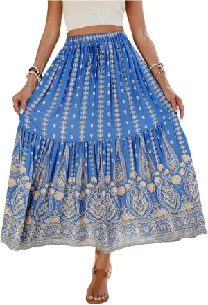 Long Skirts,Beach Vacation Flowy Maxi Skirts for Women 2025 Trendy Tropical Elastic Waist Boho Skirt Spring Summer