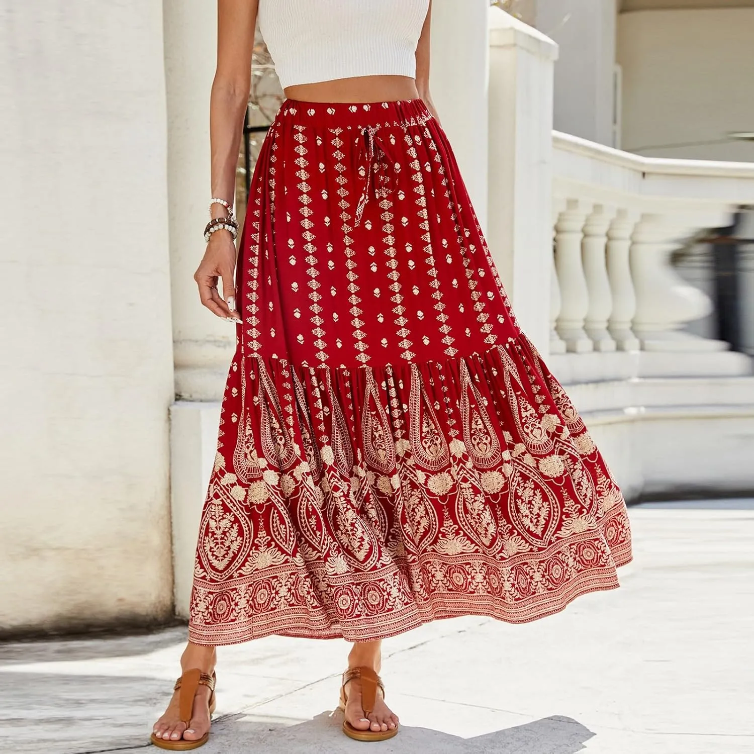 Long Skirts,Beach Vacation Flowy Maxi Skirts for Women 2025 Trendy Tropical Elastic Waist Boho Skirt Spring Summer