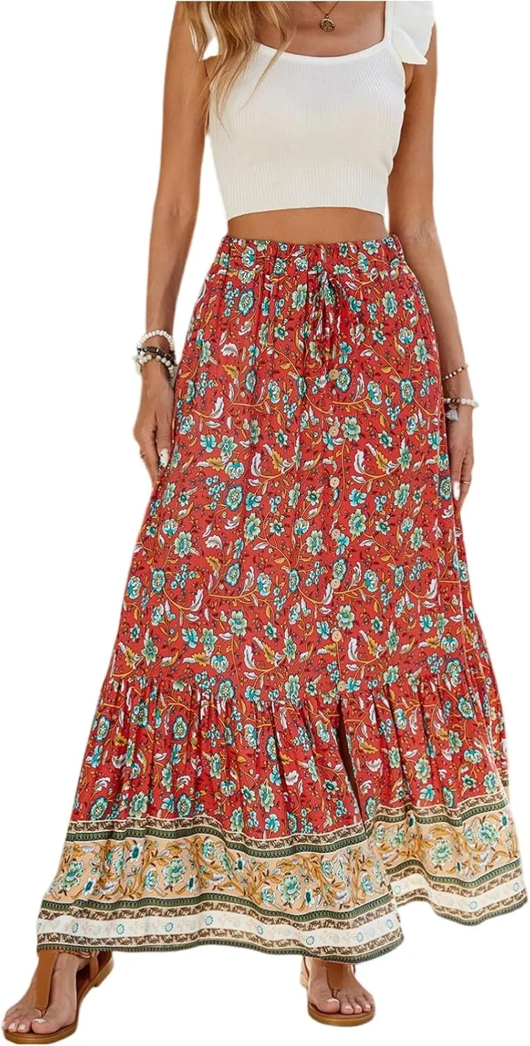 Long Skirts,Beach Vacation Flowy Maxi Skirts for Women 2025 Trendy Tropical Elastic Waist Boho Skirt Spring Summer