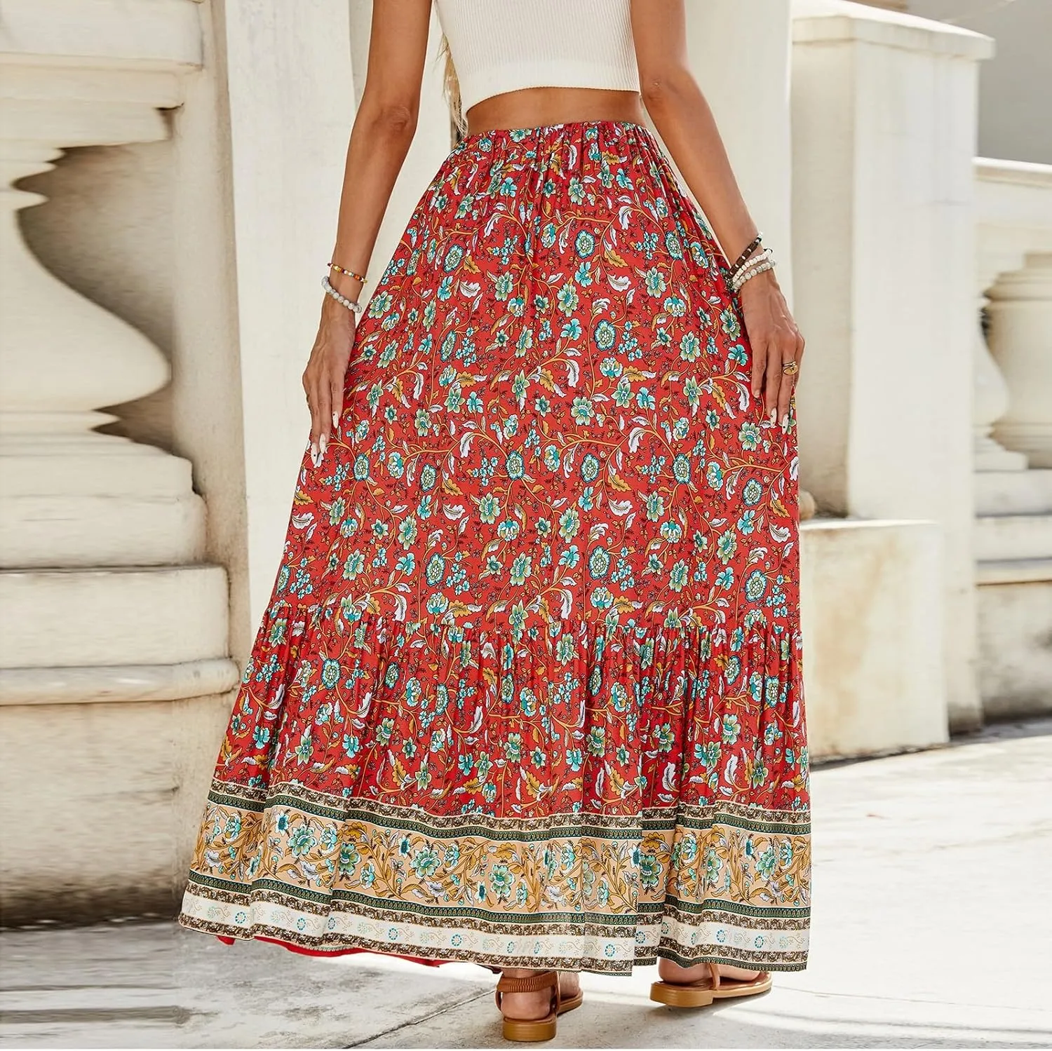 Long Skirts,Beach Vacation Flowy Maxi Skirts for Women 2025 Trendy Tropical Elastic Waist Boho Skirt Spring Summer