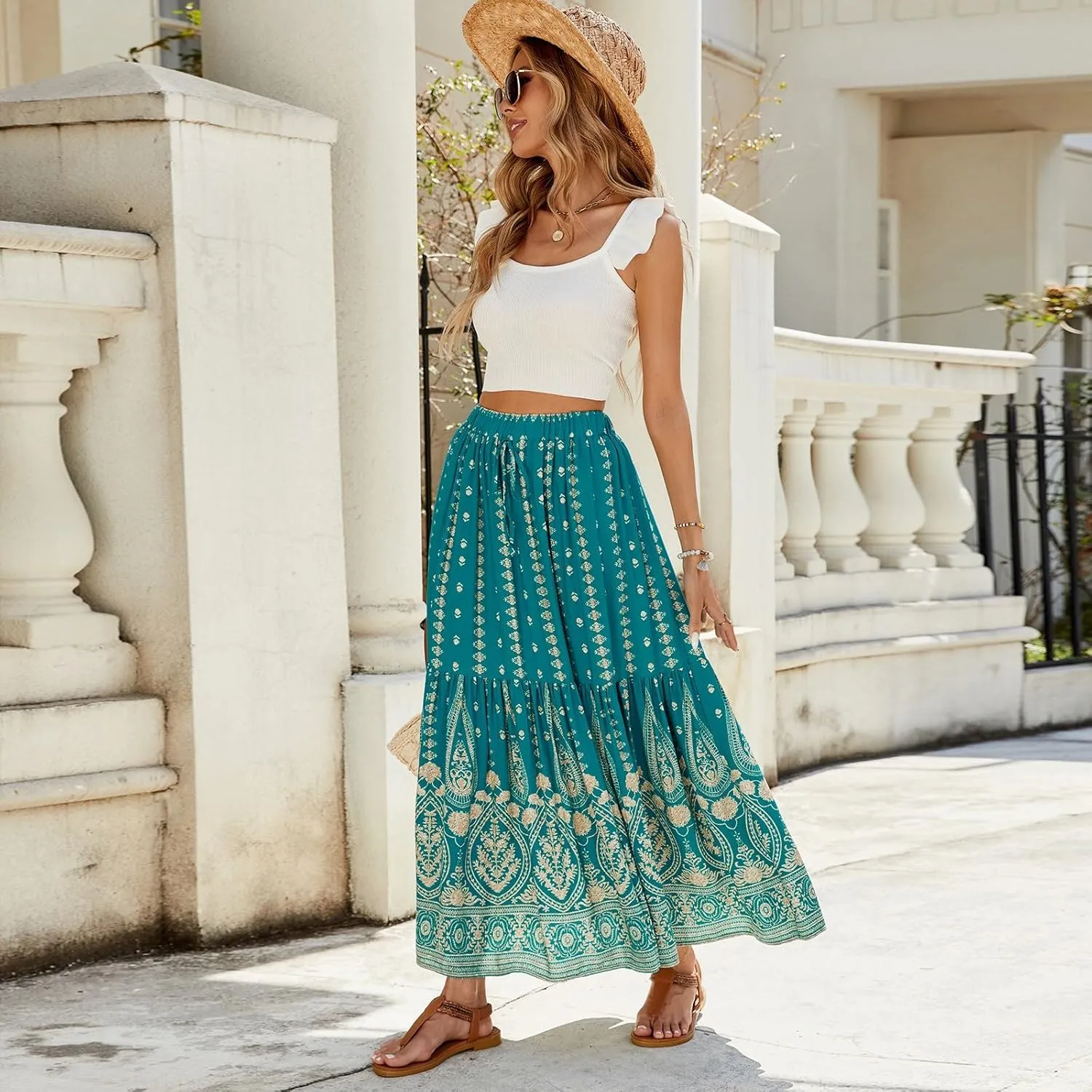 Long Skirts,Beach Vacation Flowy Maxi Skirts for Women 2025 Trendy Tropical Elastic Waist Boho Skirt Spring Summer