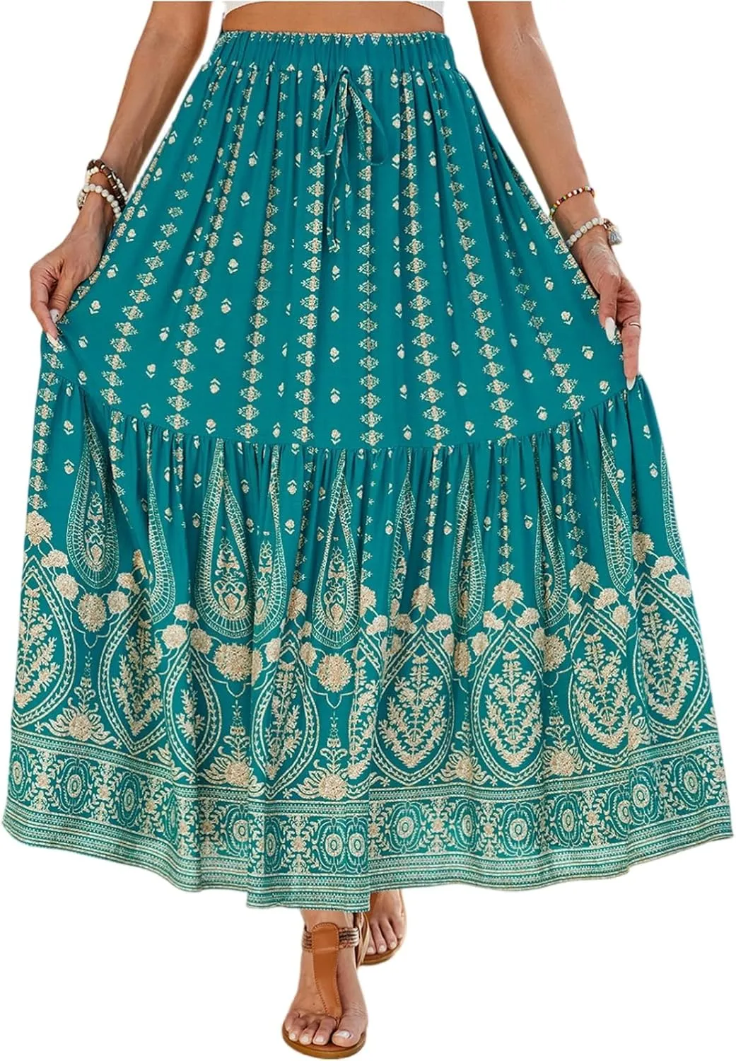 Long Skirts,Beach Vacation Flowy Maxi Skirts for Women 2025 Trendy Tropical Elastic Waist Boho Skirt Spring Summer