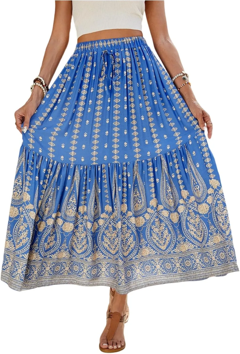 Long Skirts,Beach Vacation Flowy Maxi Skirts for Women 2025 Trendy Tropical Elastic Waist Boho Skirt Spring Summer