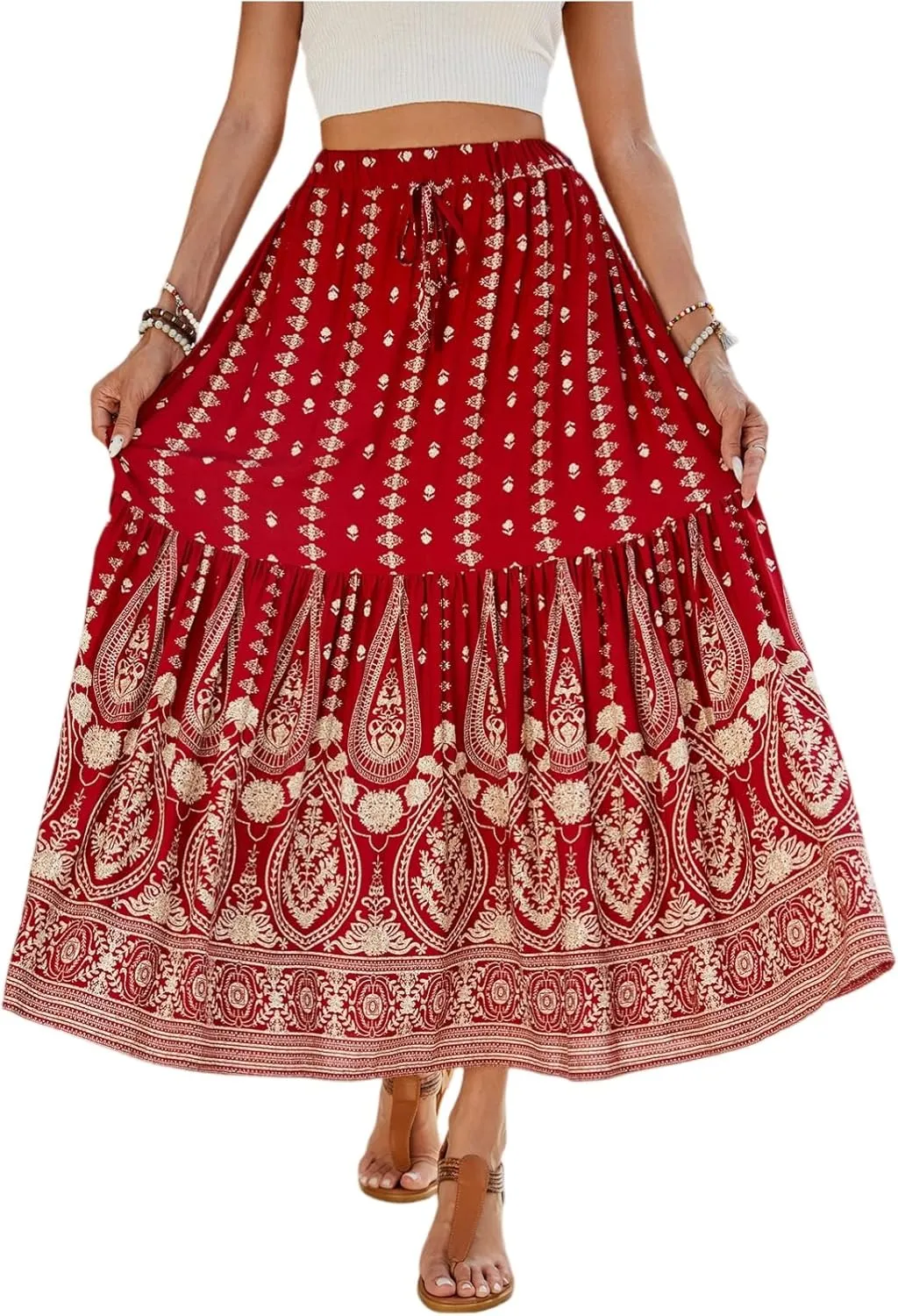 Long Skirts,Beach Vacation Flowy Maxi Skirts for Women 2025 Trendy Tropical Elastic Waist Boho Skirt Spring Summer