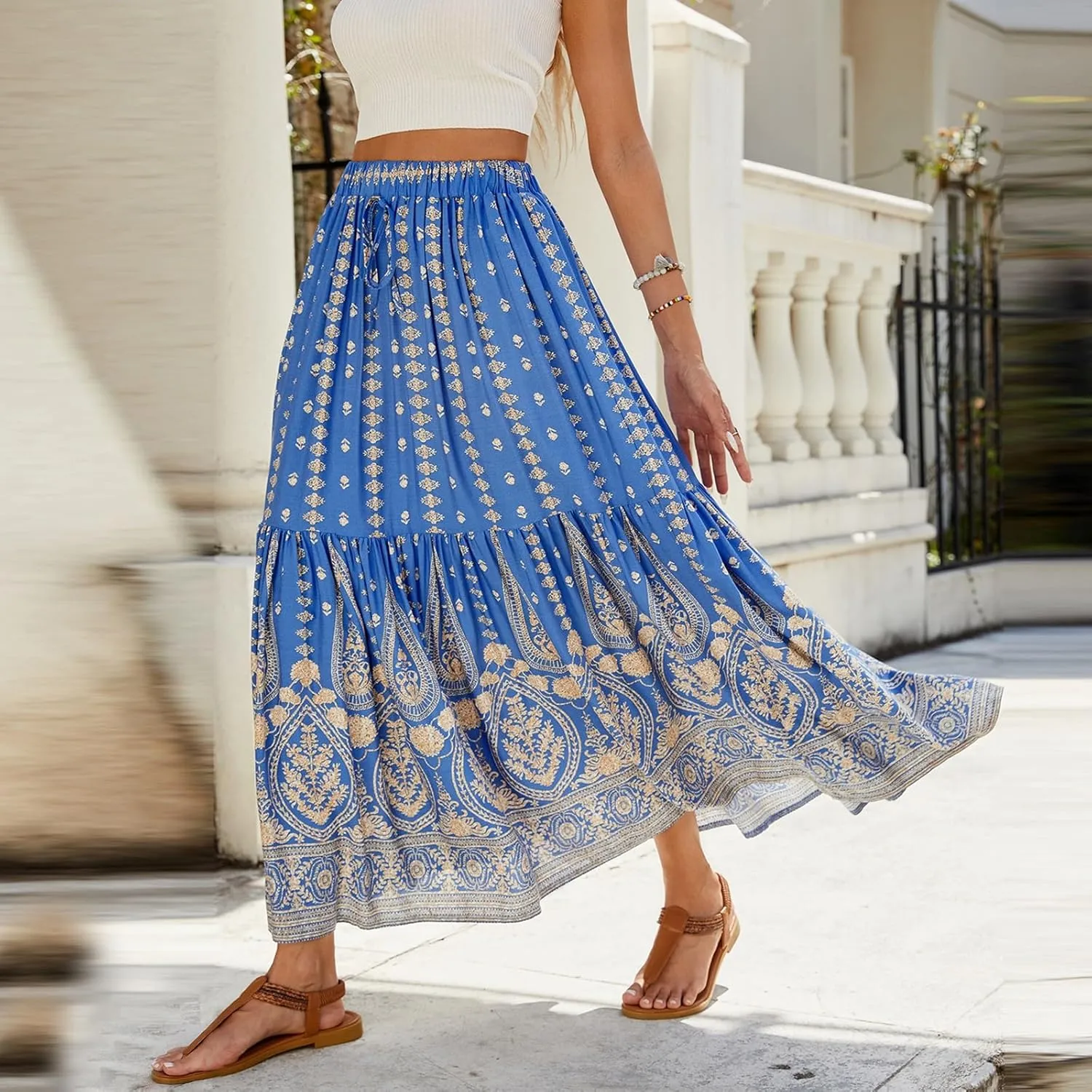 Long Skirts,Beach Vacation Flowy Maxi Skirts for Women 2025 Trendy Tropical Elastic Waist Boho Skirt Spring Summer