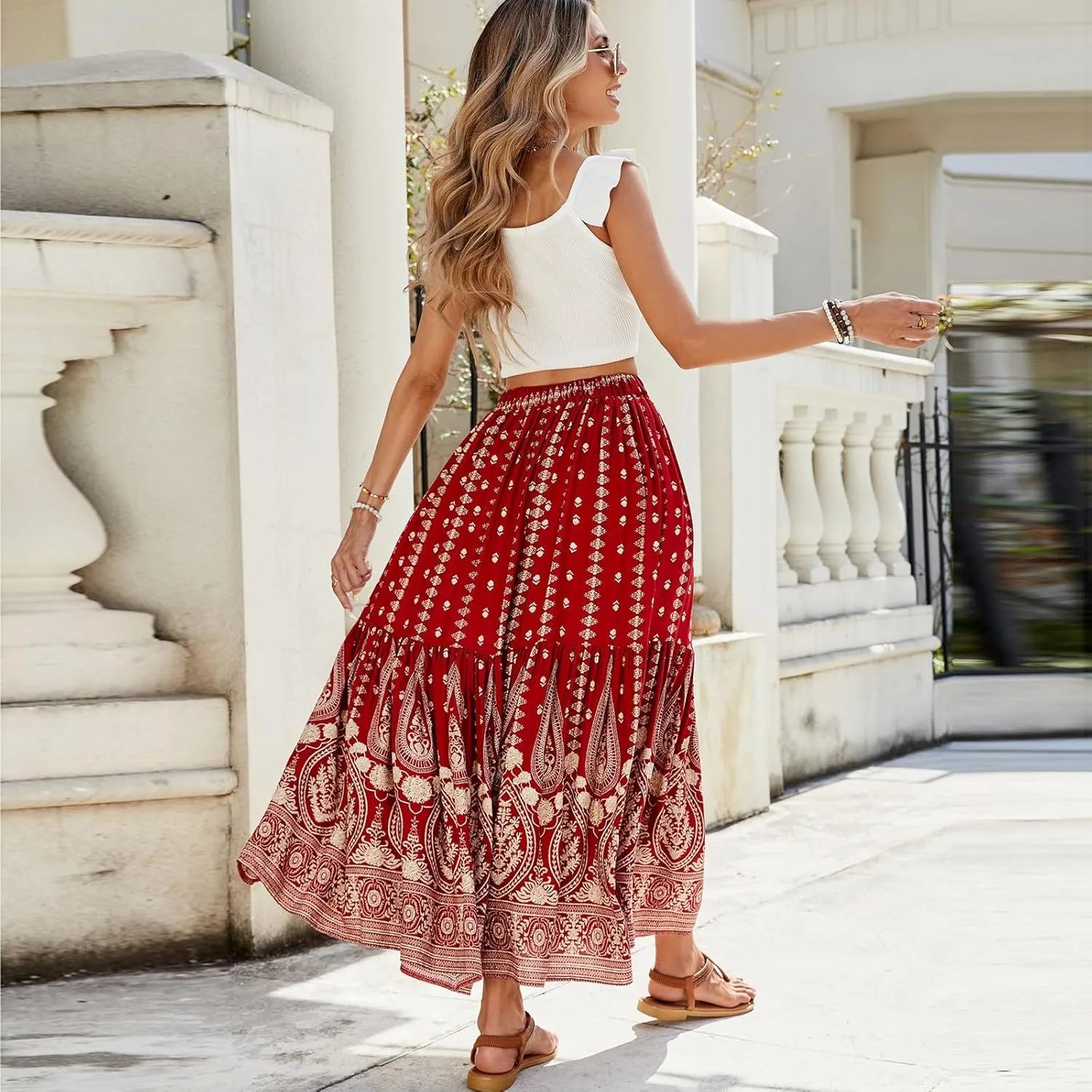 Long Skirts,Beach Vacation Flowy Maxi Skirts for Women 2025 Trendy Tropical Elastic Waist Boho Skirt Spring Summer