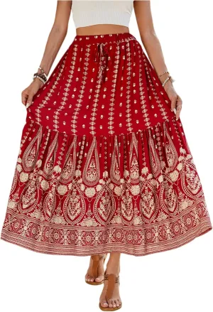 Long Skirts,Beach Vacation Flowy Maxi Skirts for Women 2025 Trendy Tropical Elastic Waist Boho Skirt Spring Summer