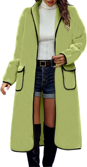 Long Winter Coats for Women Y2k Fashion Lapel Collar Open Front Wool Blend Peacoat Elegant Trench Coat with Pocket
