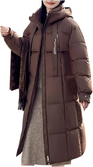 Long Winter Windproof Down Coats for Women Heavyweight Padded Puffer Jackets Casual Trench Quilted Coats with Hood