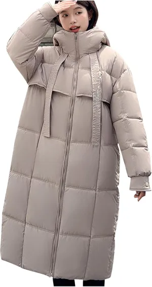 Long Winter Windproof Down Coats for Women Heavyweight Padded Puffer Jackets Casual Trench Quilted Coats with Hood