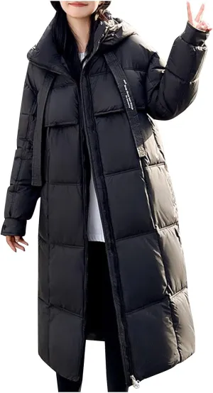 Long Winter Windproof Down Coats for Women Heavyweight Padded Puffer Jackets Casual Trench Quilted Coats with Hood