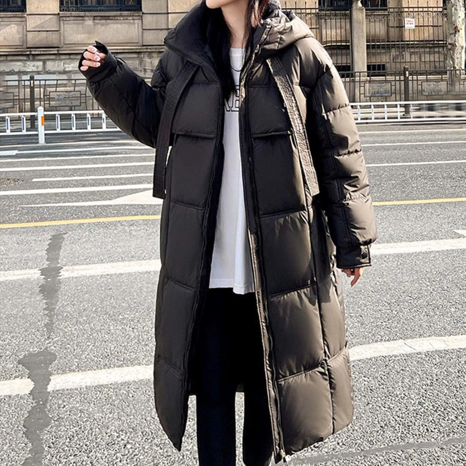 Long Winter Windproof Down Coats for Women Heavyweight Padded Puffer Jackets Casual Trench Quilted Coats with Hood