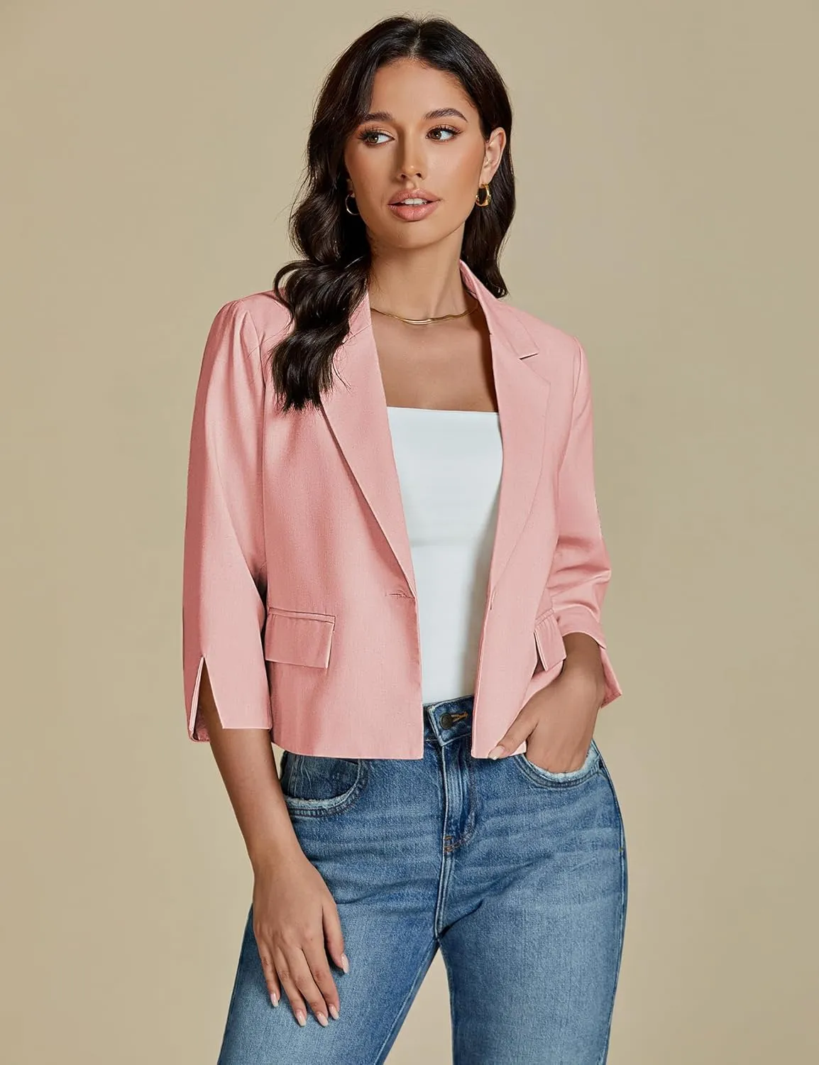 luvamia Linen Blazers for Women Business Casual Cropped 3/4 Sleeve Lightweight Lined Work Office Suit Blazer Jackets
