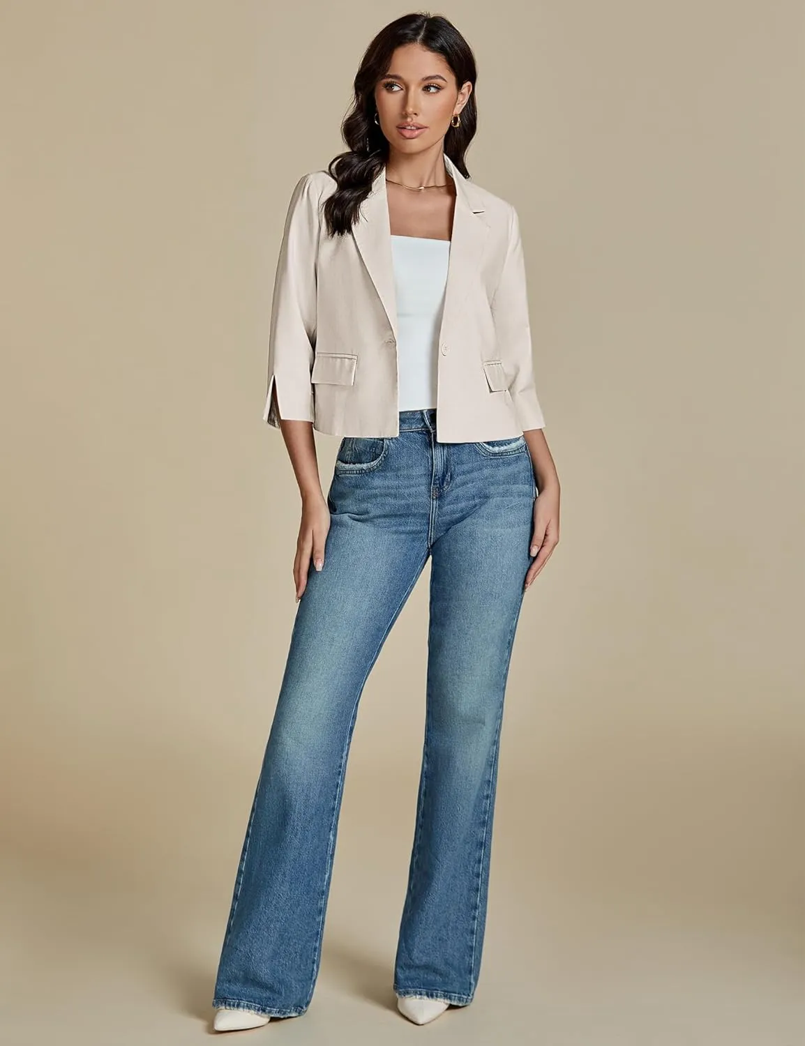 luvamia Linen Blazers for Women Business Casual Cropped 3/4 Sleeve Lightweight Lined Work Office Suit Blazer Jackets