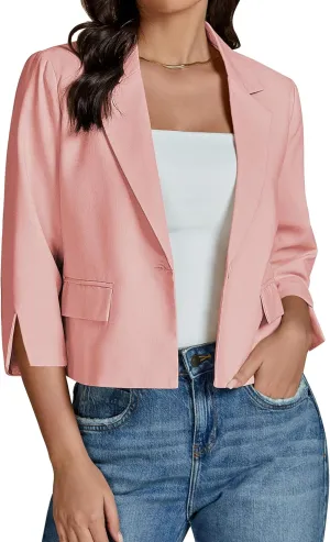 luvamia Linen Blazers for Women Business Casual Cropped 3/4 Sleeve Lightweight Lined Work Office Suit Blazer Jackets