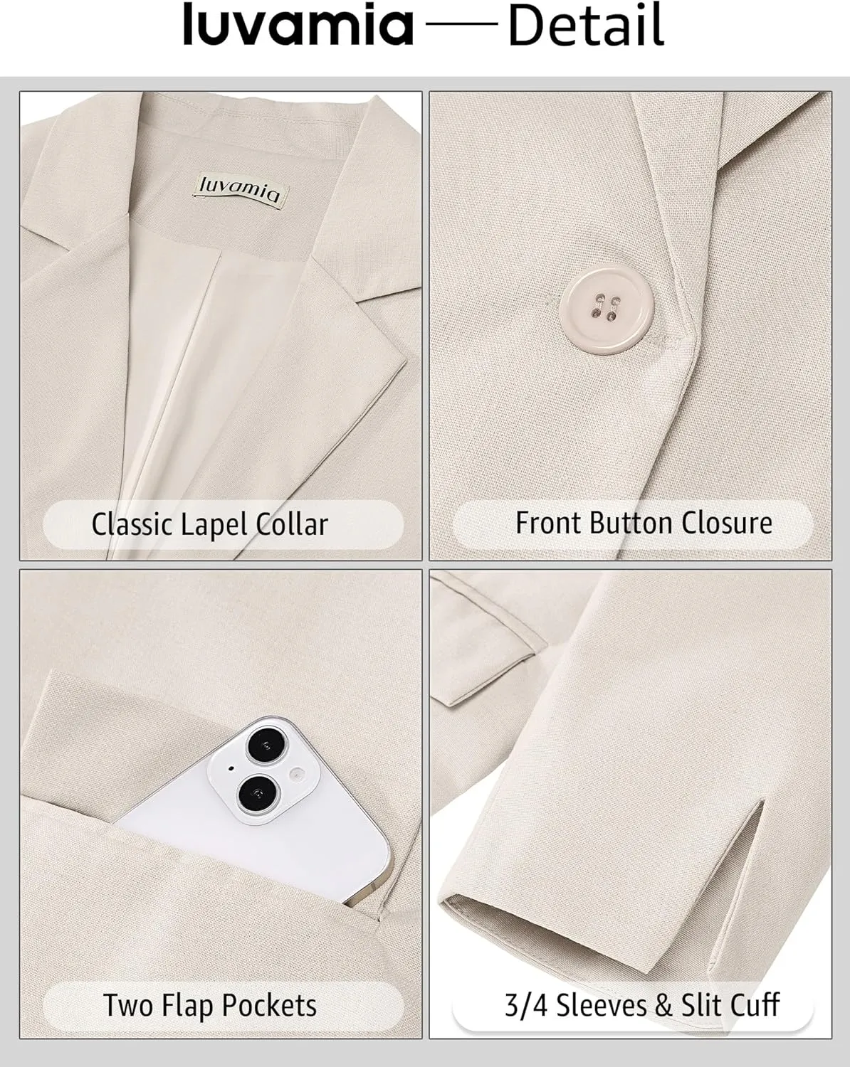 luvamia Linen Blazers for Women Business Casual Cropped 3/4 Sleeve Lightweight Lined Work Office Suit Blazer Jackets