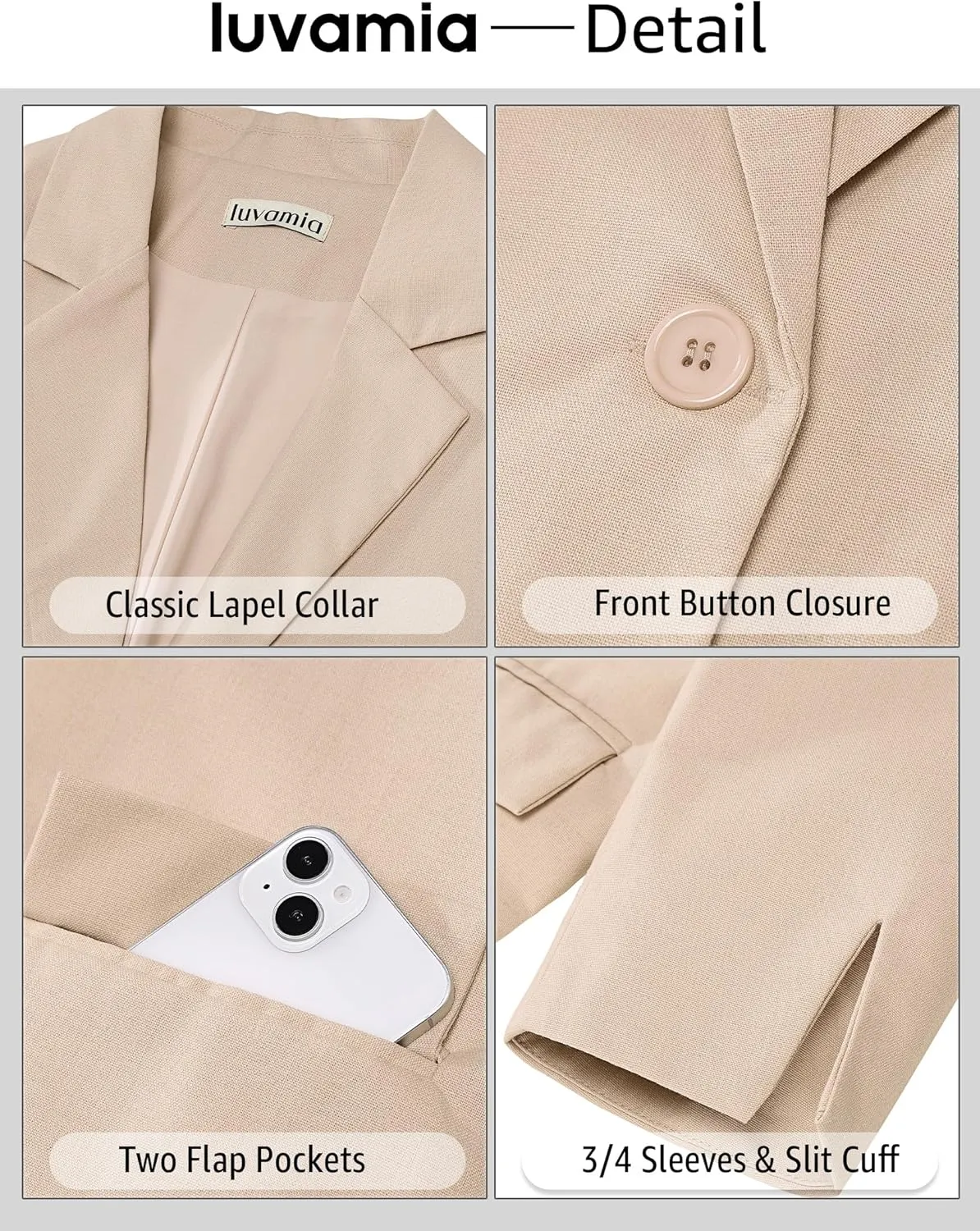luvamia Linen Blazers for Women Business Casual Cropped 3/4 Sleeve Lightweight Lined Work Office Suit Blazer Jackets