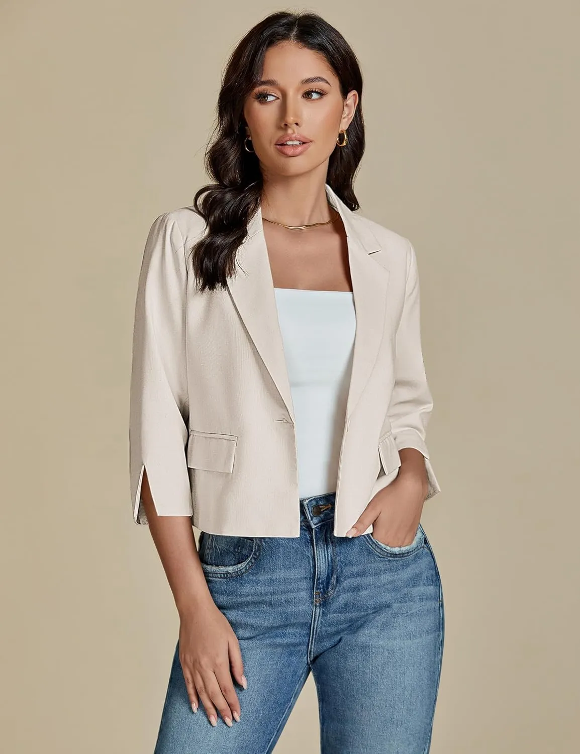 luvamia Linen Blazers for Women Business Casual Cropped 3/4 Sleeve Lightweight Lined Work Office Suit Blazer Jackets
