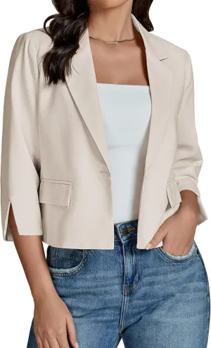 luvamia Linen Blazers for Women Business Casual Cropped 3/4 Sleeve Lightweight Lined Work Office Suit Blazer Jackets