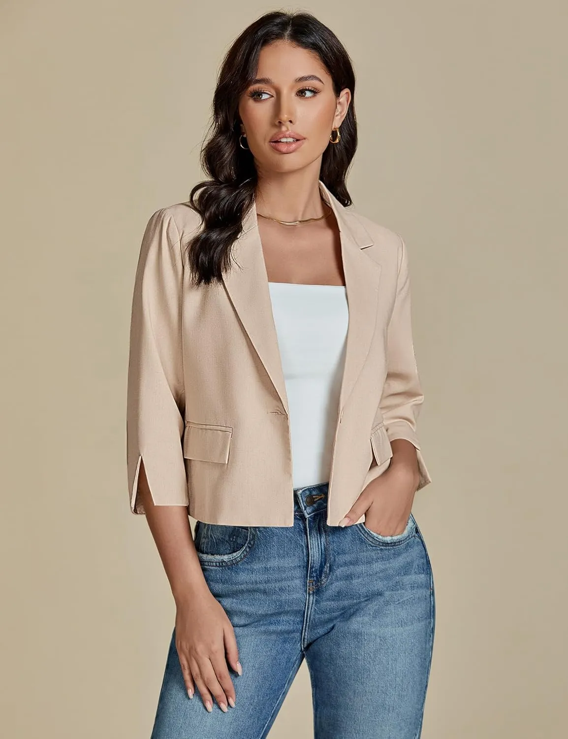 luvamia Linen Blazers for Women Business Casual Cropped 3/4 Sleeve Lightweight Lined Work Office Suit Blazer Jackets